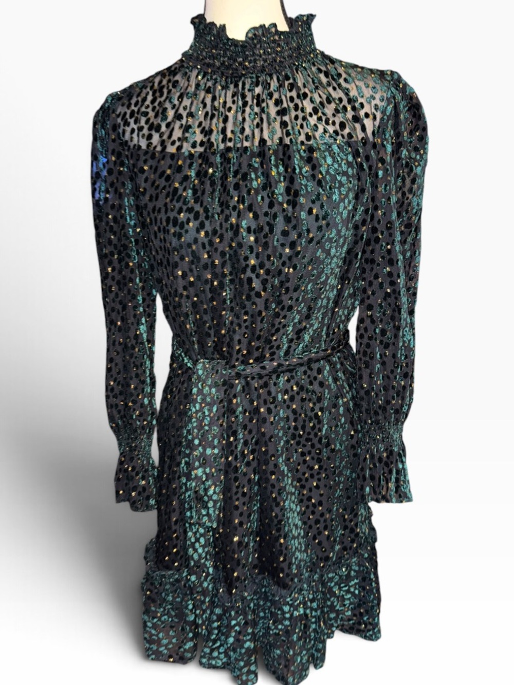 Alex Marie Green Velvet Flocked Polka Dot Sheer Party Dress Belted Sz 10P